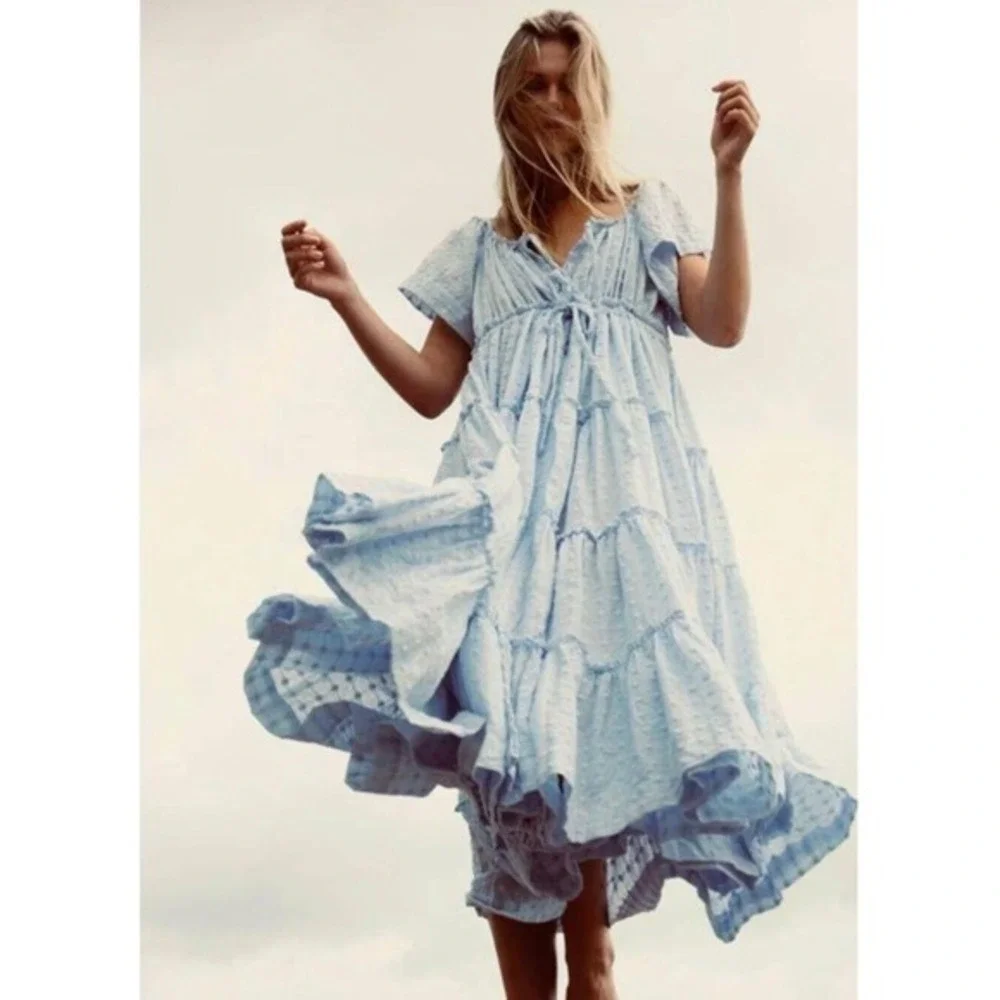 Innika Choo Alotta Gut Peasant Blue Tiered Maxi Dress Sz 3/Large Cottagecore - Picture 3 of 7